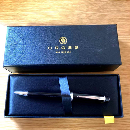 Genuine Cross black ballpoint pen with twist mechanism and one-color ink, shown with its box