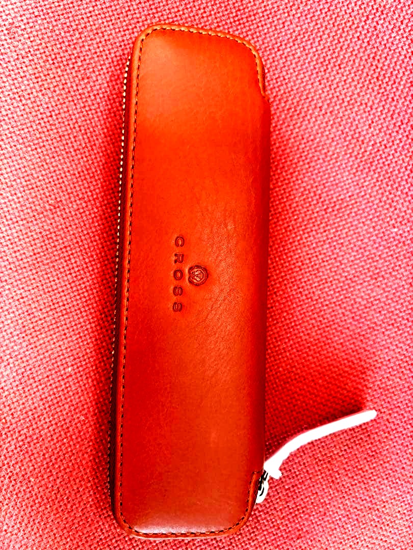 Zebra leather pen case for two pens with cross pattern and elastic loops, imported from Japan