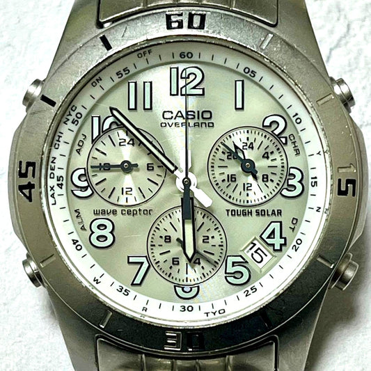 Casio Overland Wave Ceptor Tough Solar watch with silver dial and stainless steel bracelet