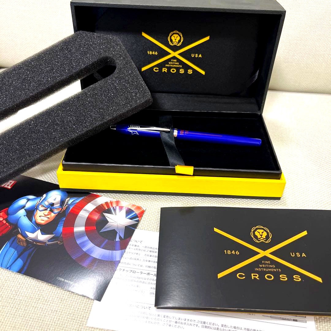 Cross Marvel Captain America themed ballpoint pen with blue and silver design shown on white background