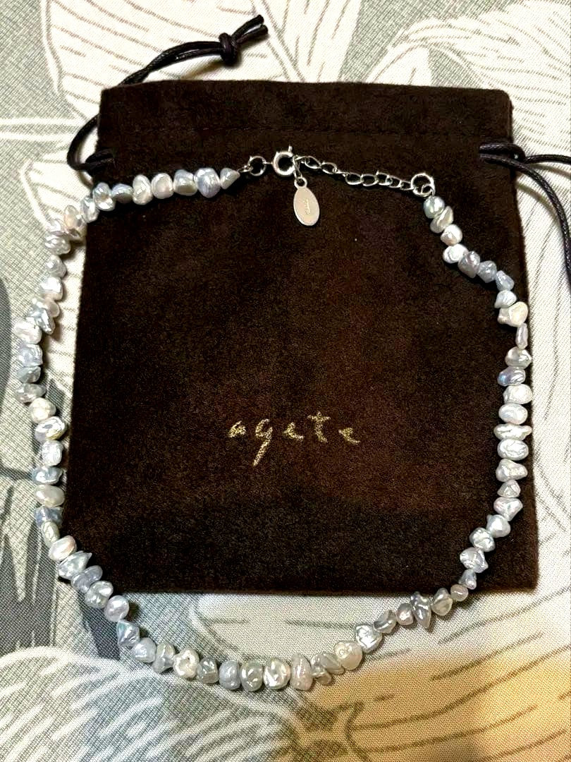 agete gray pearl necklace made of SV925 silver with 40cm length and gray pearls