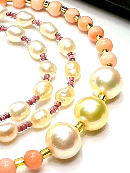 Akoya pearl and pink coral necklace with genuine pearls on gold chain, 42 to 46 cm long
