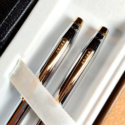 Cross Classic Century silver ballpoint pen and mechanical pencil set with leather case