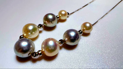 Pt850 natural multi-color Akoya pearl station necklace with adjustable slide pin type chain