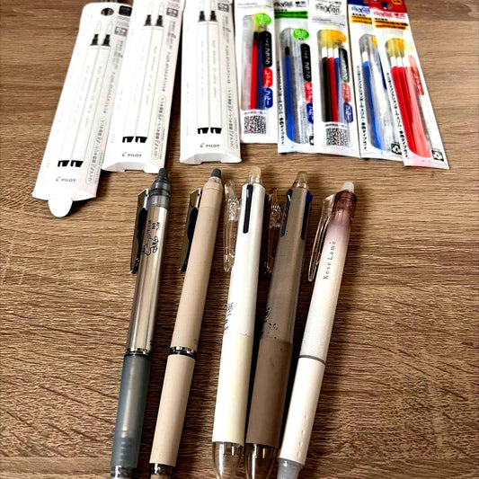 PILOT FRIXION erasable ballpoint pen refill set including multiple 0.5mm and 0.7mm multicolor refills and 5 pen bodies