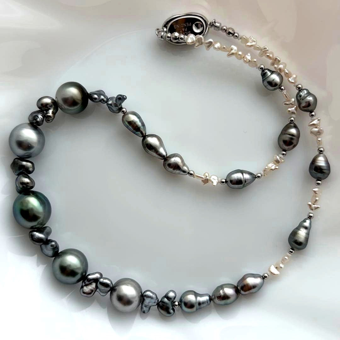 Black Pearl Kesh Baroque and Akoya Pearl Necklace about 40cm long with varying pearl sizes