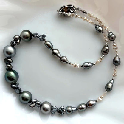 Black Pearl Kesh Baroque and Akoya Pearl Necklace about 40cm long with varying pearl sizes