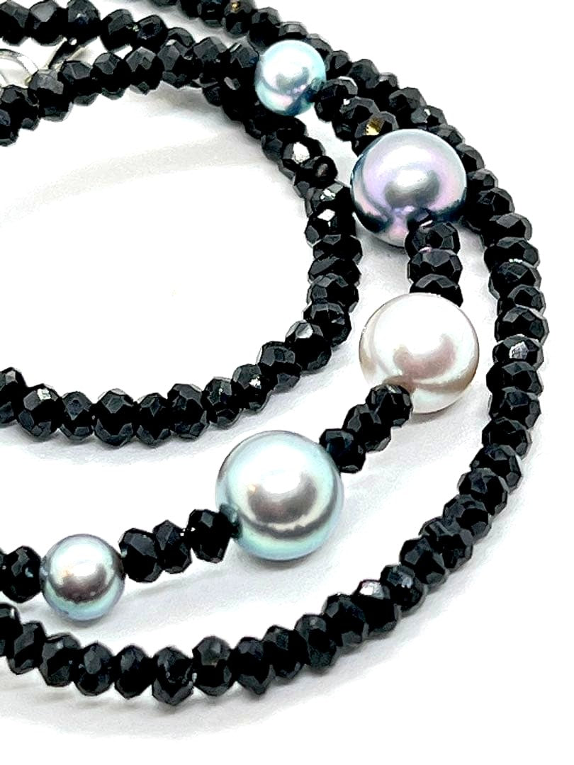 Akoya pearl and multi-color pearl necklace with black spinel beads and adjustable length