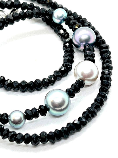Akoya pearl and multi-color pearl necklace with black spinel beads and adjustable length
