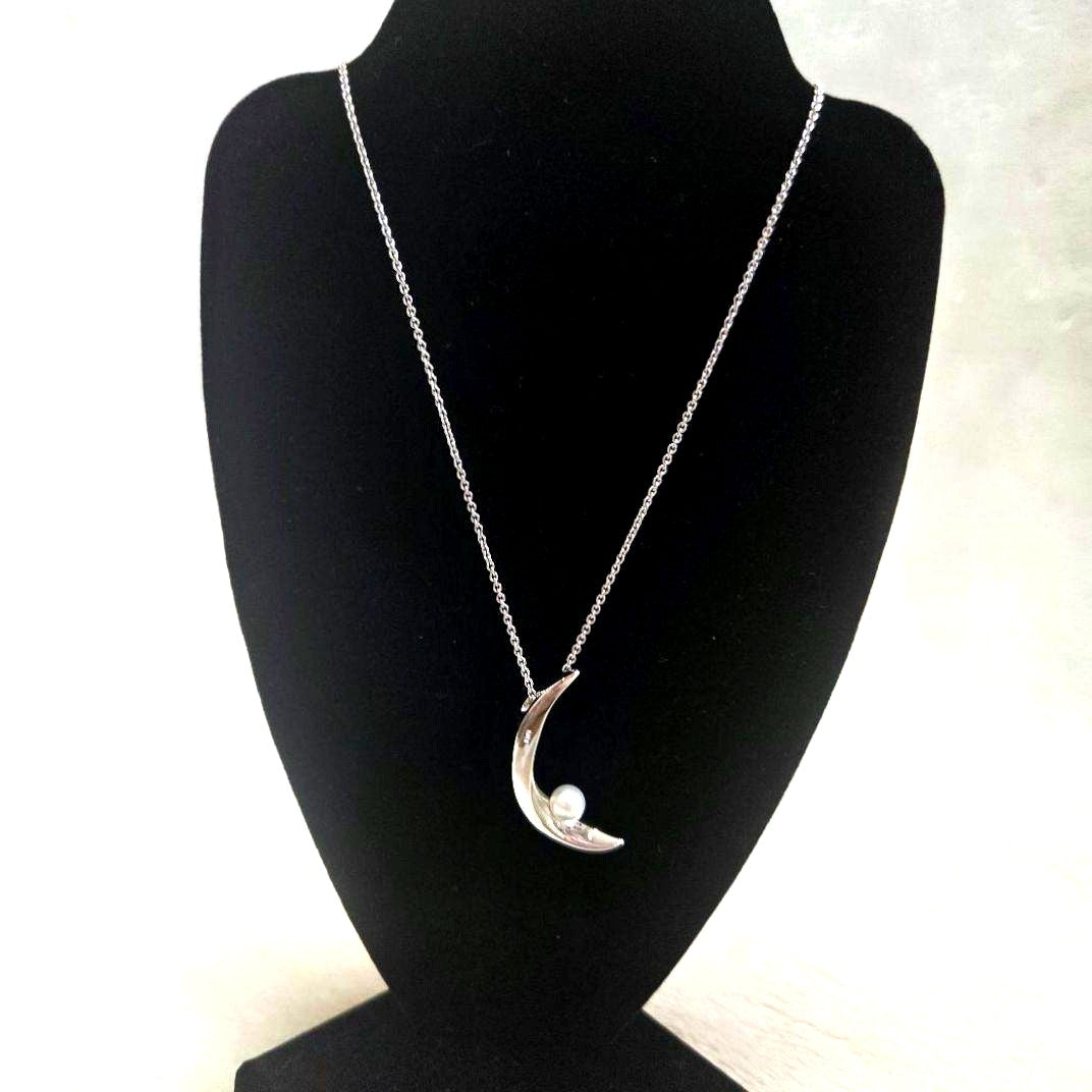 Mikimoto Crescent Moon Pearl Necklace in silver with 0.7cm pearl and adjustable sterling silver chain
