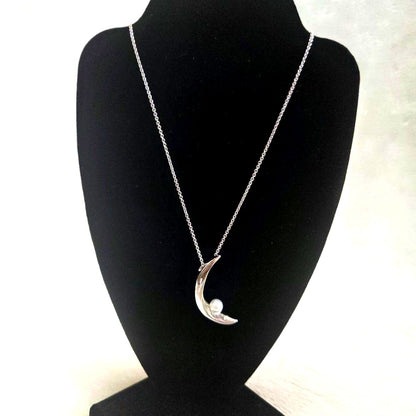 Mikimoto Crescent Moon Pearl Necklace in silver with 0.7cm pearl and adjustable sterling silver chain