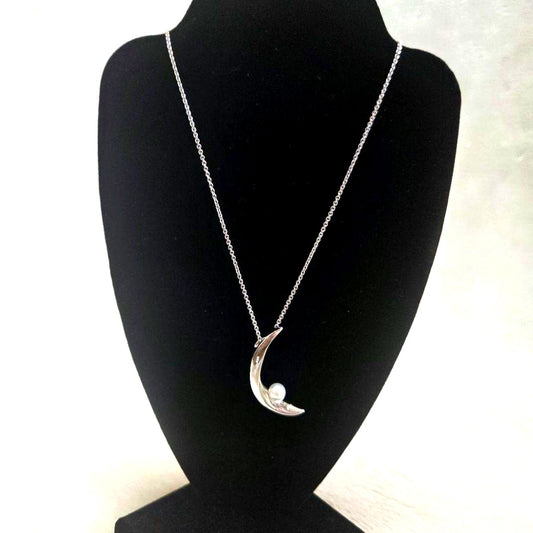 Mikimoto Crescent Moon Pearl Necklace in silver with 0.7cm pearl and adjustable sterling silver chain