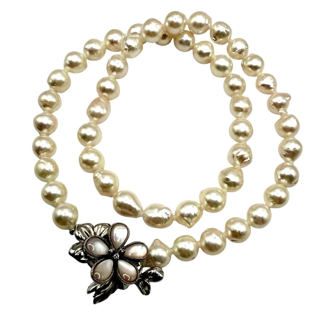 Akoya Pearl Baroque 8mm adjustable pearl necklace with diamond accents in white with pink hue on 47.5cm chain