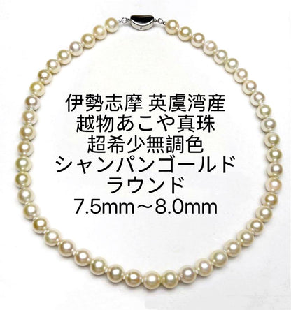 Akoya pearl necklace 7.5 to 8.0 mm round champagne white pearls with silver clasp on 42cm stainless steel wire
