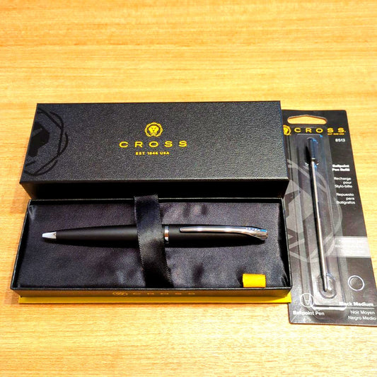 New unused CROSS ballpoint pen with replacement ink cartridge in case with small crease on top
