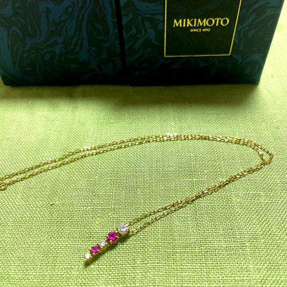 Beautiful MIKIMOTO Diamond and Ruby Necklace in K18 Yellow Gold with 42cm chain and 16mm pendant