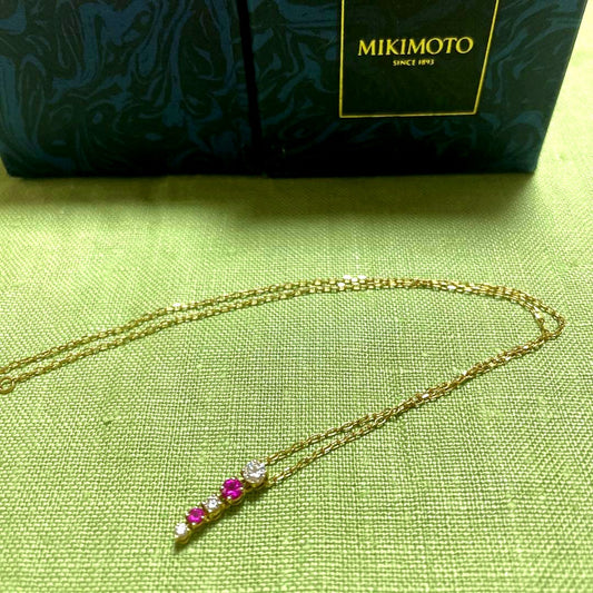 Beautiful MIKIMOTO Diamond and Ruby Necklace in K18 Yellow Gold with 42cm chain and 16mm pendant