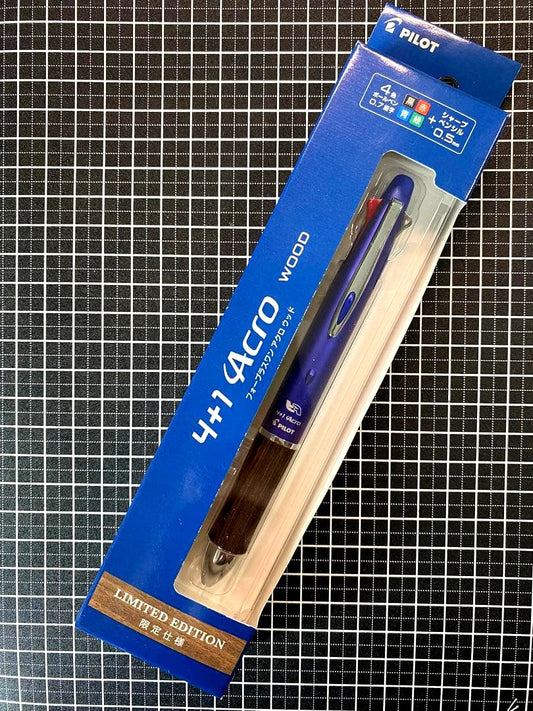 PILOT Acro 4+1 WOOD Limited-edition pen in premium blue with four ballpoint colors and 0.5 mm mechanism