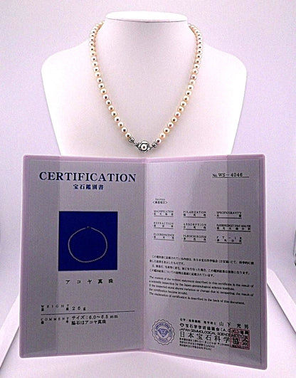 Akoya pearl necklace featuring 6.0 to 6.5mm pearls with silver clasp and safety chain on 45.5 cm strand