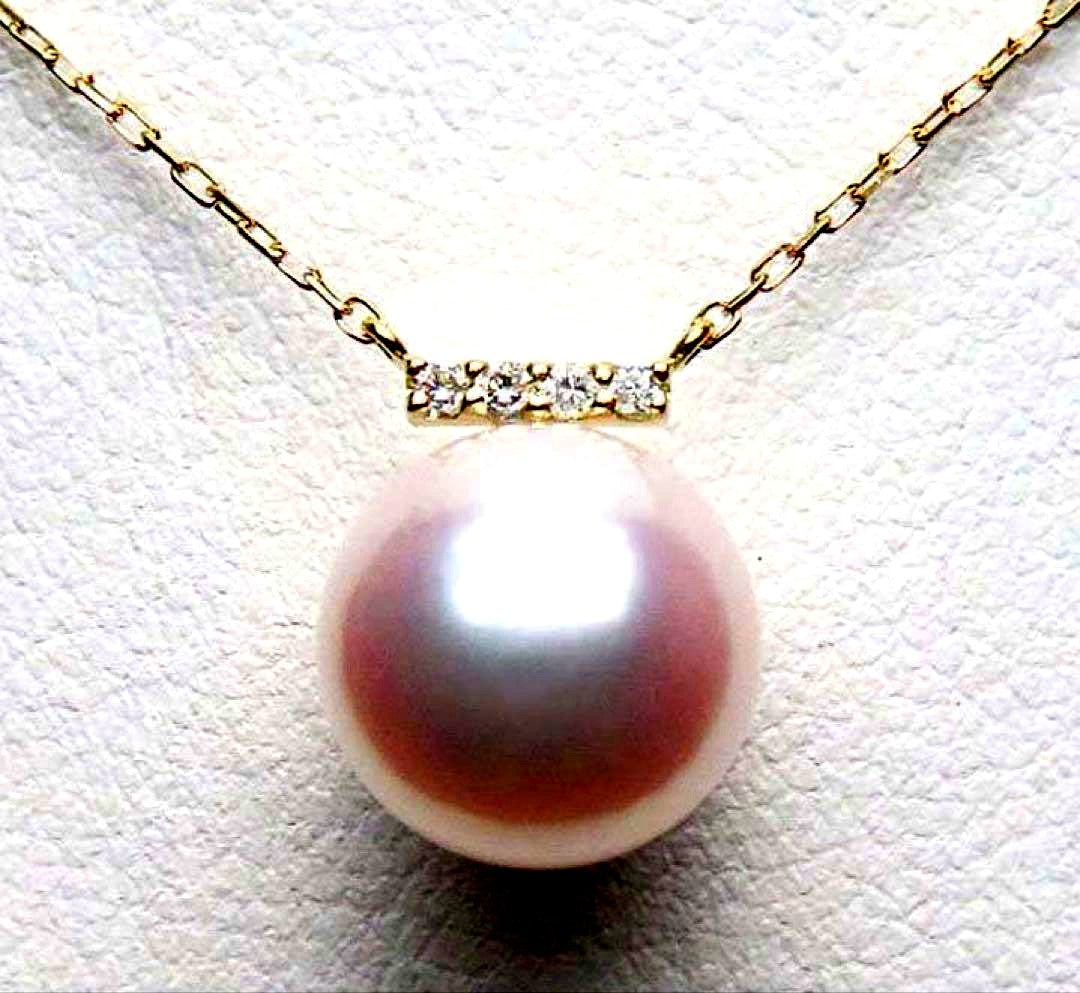 White pink 8.0mm Akoya pearl necklace with small diamond pendant set in K18 gold