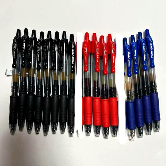 Pilot G-2 gel ballpoint pen set with 16 pens in black, red, and blue ink with rubber grips