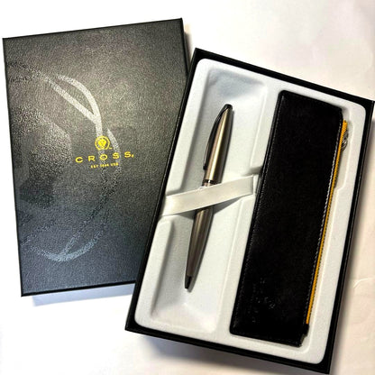 CROSS silver metal ballpoint pen with matching pen case measuring approximately 14 cm