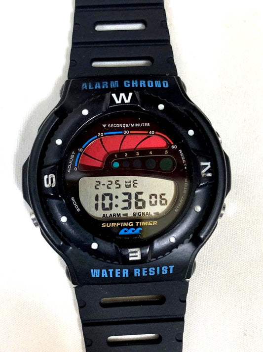 Casio Surfing Timer 942 SUF-100 vintage digital watch from 1990 showing original display and casing