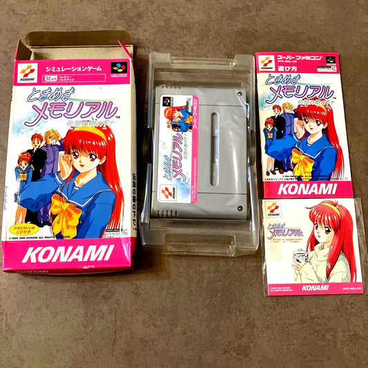 Toki Memoir Under the Legend Tree SNES game cartridge with slightly crushed box, opened for photography