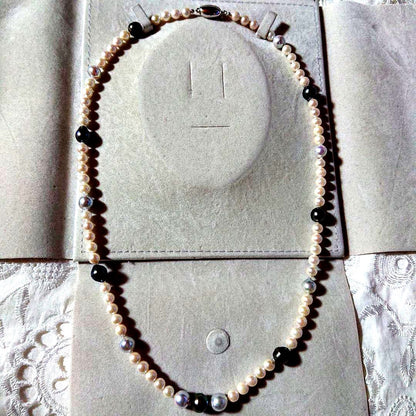 Large Akoya black and untoned pearl semi-long necklace measuring about 62cm with 8-9mm pearls