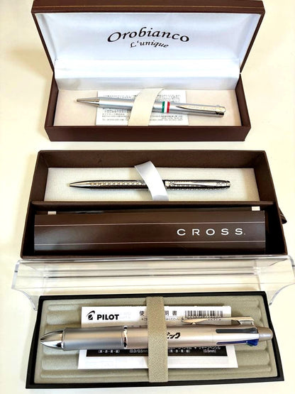 Orobianco Cross Pilot ballpoint pen 3-piece set with dedicated case showing three different pens