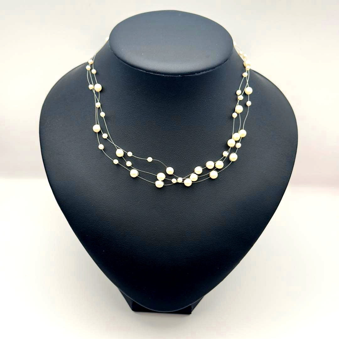 Tasaki K18 pearl necklace triple strand wire design 40cm length with pearls 3.0-5.2mm and box
