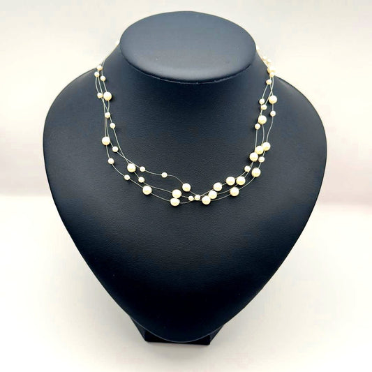 Tasaki K18 pearl necklace triple strand wire design 40cm length with pearls 3.0-5.2mm and box