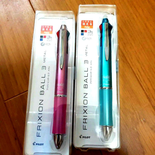 Pilot Frixion Ball 3 Metal Gradient LKFB150 green and pink pens with open green pen box