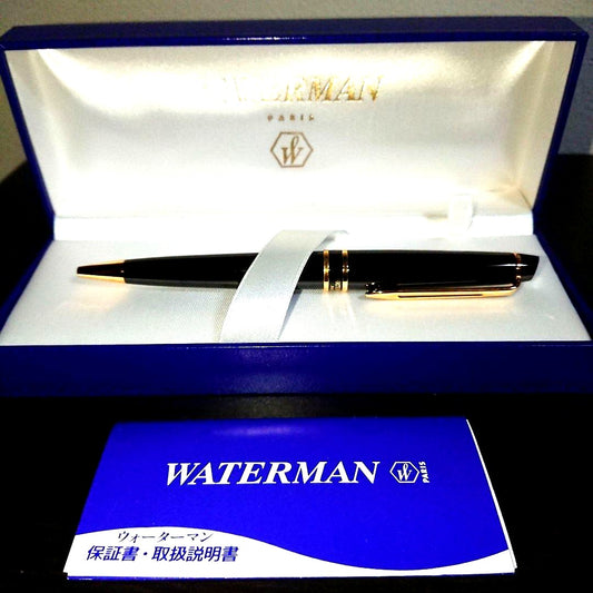 WATERMAN Expert Ballpoint Pen in black with gold trim, 143mm length, shown against white background