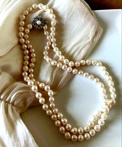 Akoya Pearl Long Necklace with off white 6.5-7.0 mm pearls and silver clasp on 82.5 cm chain
