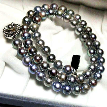 Akoya genuine pearl necklace with 7.5mm blue gray pearls and silver markings