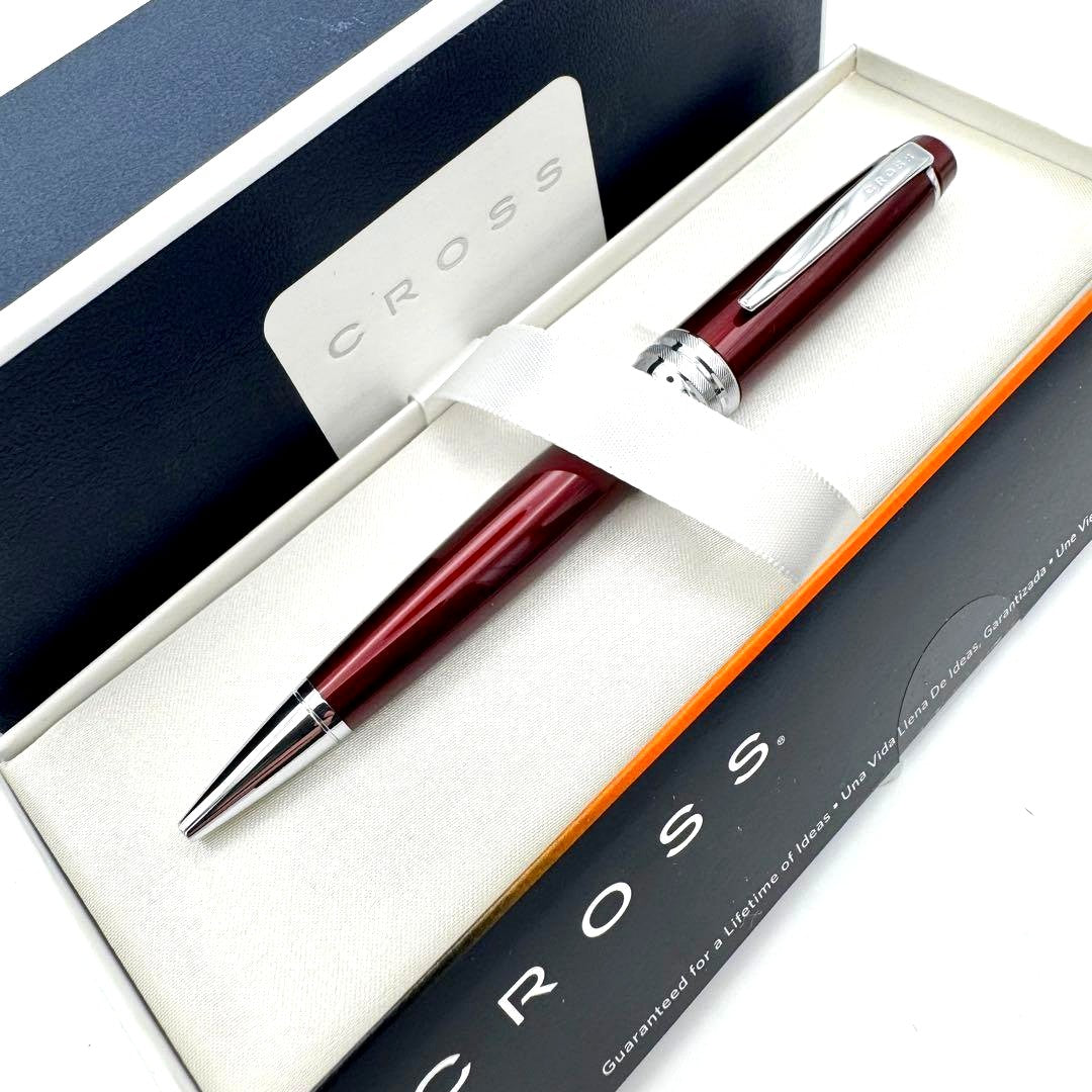 Cross Bailey Ballpoint Pen in burgundy red with lacquer and chrome finish, displayed with original box