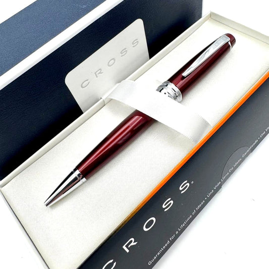 Cross Bailey Ballpoint Pen in burgundy red with lacquer and chrome finish, displayed with original box