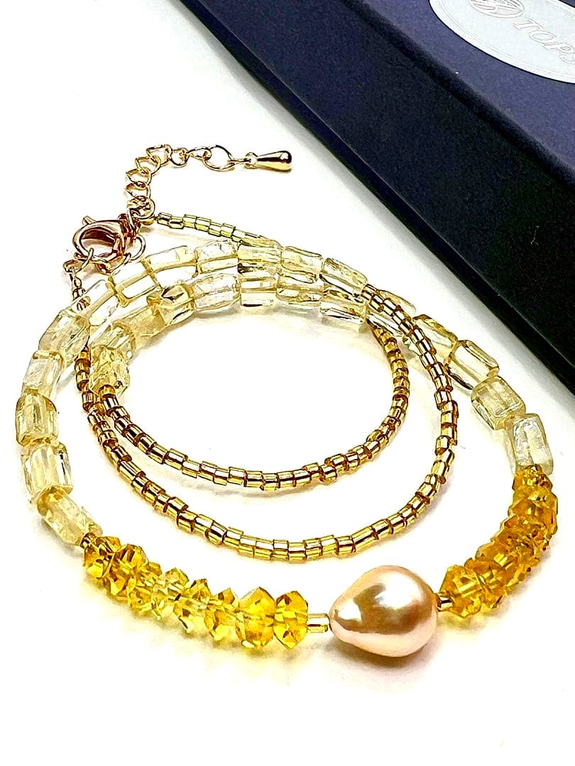 Akoya pearl and citrine necklace with gold color Venetian glass parts and adjustable length