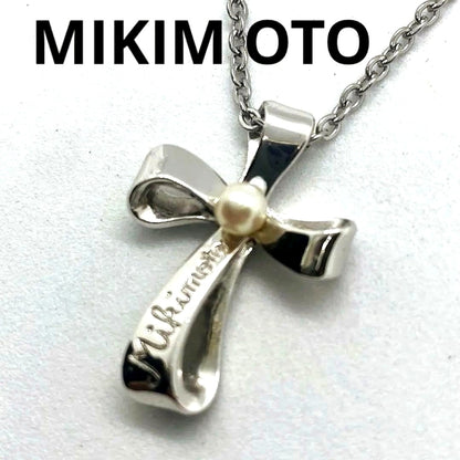 MIKIMOTO Kuro Ribbon Cross Pearl Necklace with silver chain and cross-shaped pearl pendant