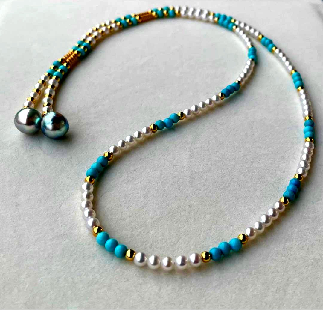Mirror finish Akoya pearl long necklace with turquoise magnetic clasp and S925 metal chain