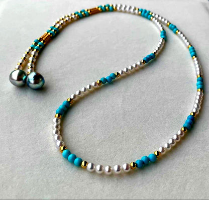 Mirror finish Akoya pearl long necklace with turquoise magnetic clasp and S925 metal chain