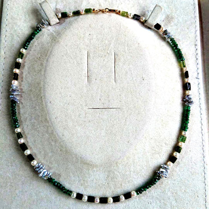 Akoya baby pearl necklace 39 with deep green emerald, moss green tourmaline, and light gray Keshi pearls on 44 cm chain