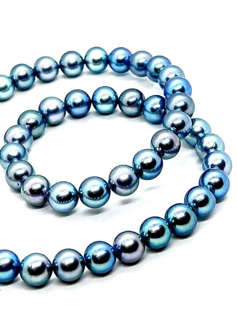 Aoyama black pearl necklace with indigo blue round pearls approximately 8mm in size, 42cm long
