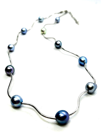 Akoya Pearl Multi-Color Pearl Station Necklace with silver gray, charcoal gray, indigo blue, multicolor, and black pearls