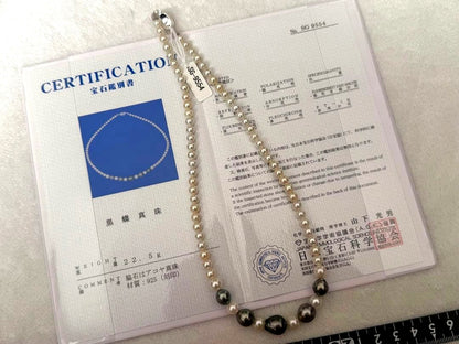 Silver necklace with 7.9-10mm Black Lip South Sea and Akoya pearls, 43.5cm length, displayed on white background