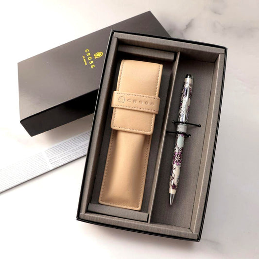 Cross Flower Pattern ballpoint pen with leather case measuring 5.3 inch pen and 5.9 inch case