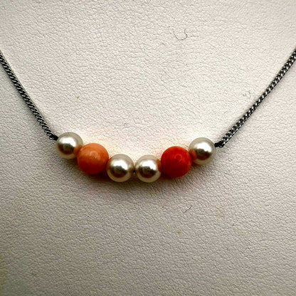 Mikimoto Coral Necklace with 5.5mm pearls, 6mm coral beads, and 37cm silver chain