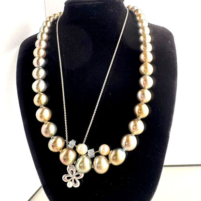 Tasaki Rakurie black pearl necklace with 3.7mm pearls and matching 6mm pearl earrings on sterling silver