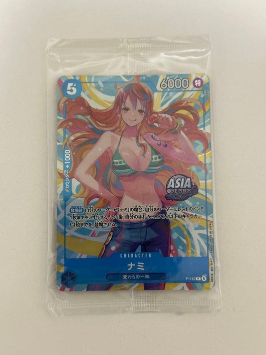 One Piece Card Game featuring Nami P-112 model Japanese import card with protective packaging